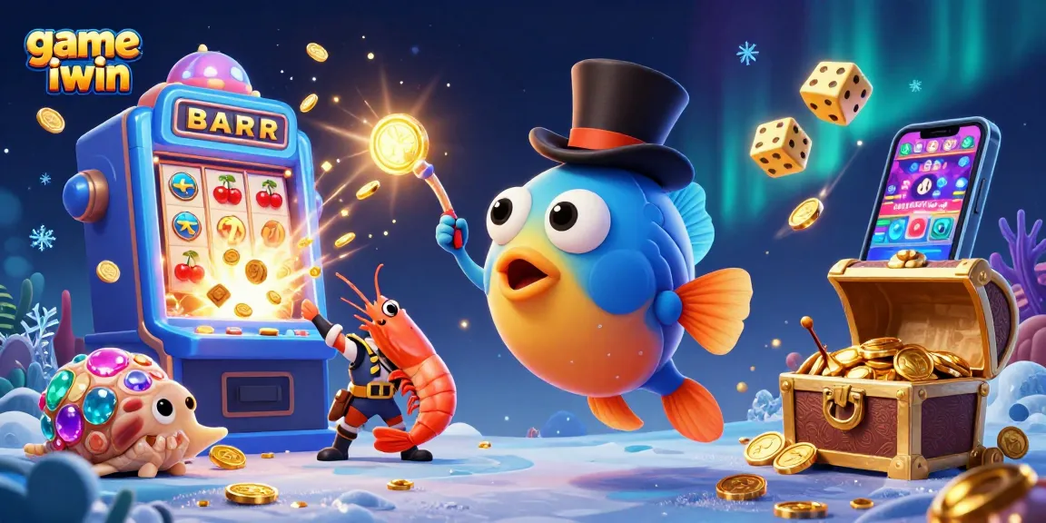 Engage with game iwin, featuring deep-sea characters amidst a vibrant casino scene with gold coins and slot machines.