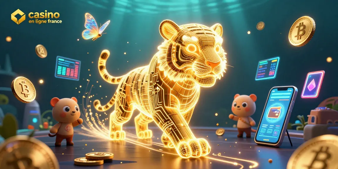 Scène dynamique d'un casino en ligne en France avec un tigre néon et des éléments crypto, montrant l'excitation du jeu.