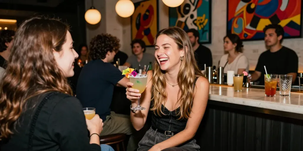 Ari Kytsya in a vibrant urban bar enjoying drinks and socializing in a lively atmosphere.