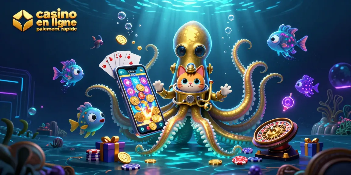 Le casino en ligne paiement rapide révèle une scène animée avec un kraken, un chat plongeur, et des poissons luminescents entourés d'accessoires de jeu.