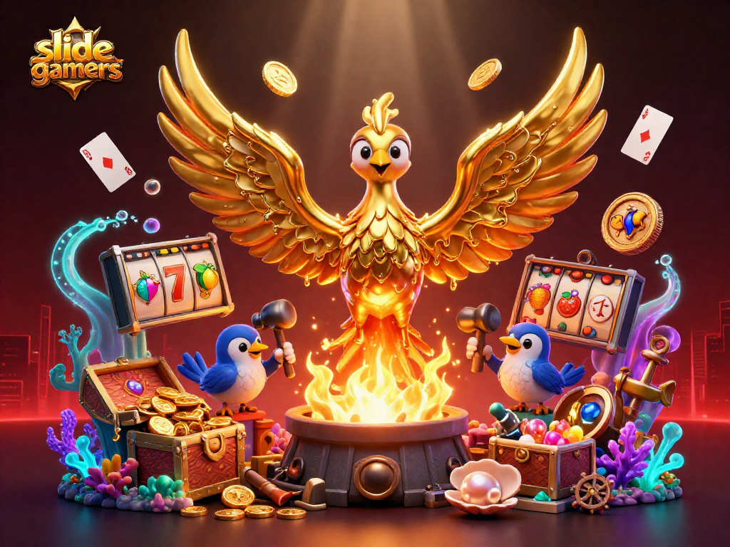 Engage in thrilling gameplay with slidegamers featuring a golden phoenix and slot elements.