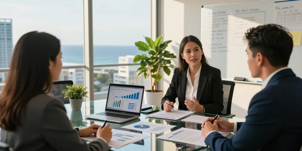 Couple discussing wealth management strategies in Gold Coast Queensland Australia office with financial advisor.