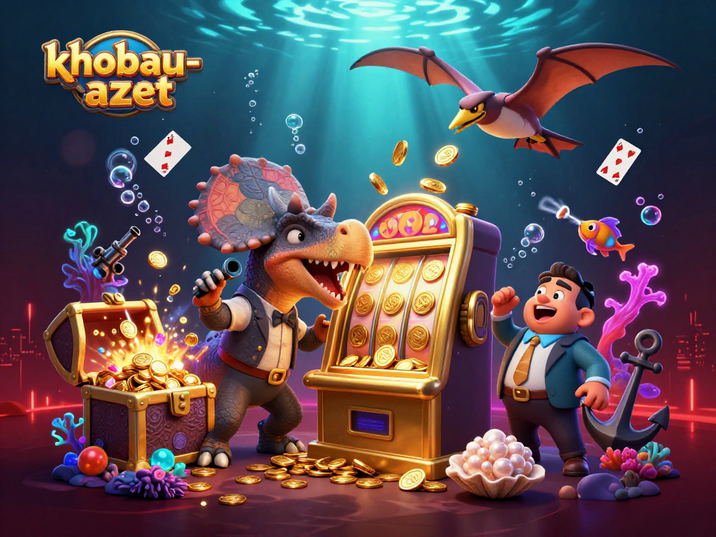 Catch the jackpot with khobau-aztec as a pachycephalosaurus hits the slot machine amidst glowing treasures.