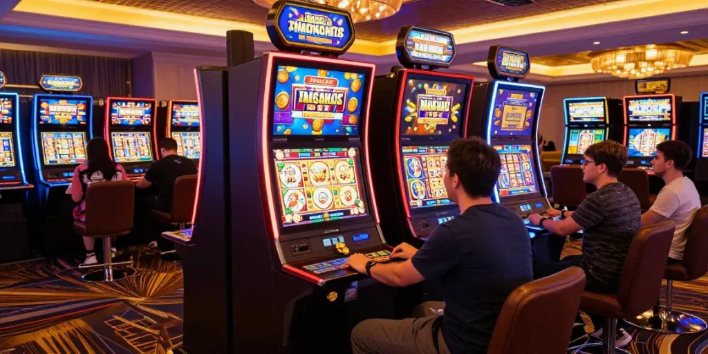 Pengalaman bermain game di slot777 dengan suasana kasino yang penuh warna dan pemain yang bersemangat.