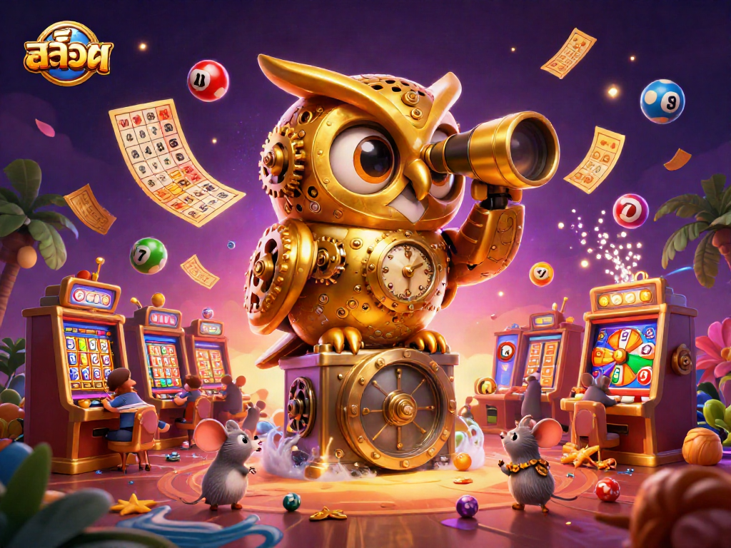 Play สล็อต with an exciting scene showcasing a clockwork owl, dynamic lottery elements, and rich casino atmosphere.