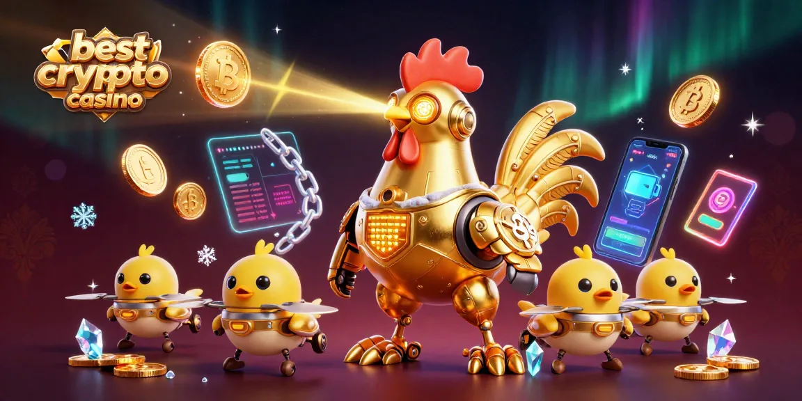 Plongez dans l'univers du meilleur casino crypto avec un robot coq doré et des pièces de monnaie Bitcoin.