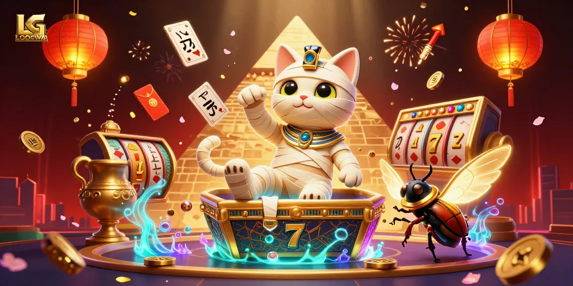 Experience exciting slot gameplay with LGODEWA, featuring a vibrant mummy cat and dynamic casino elements.