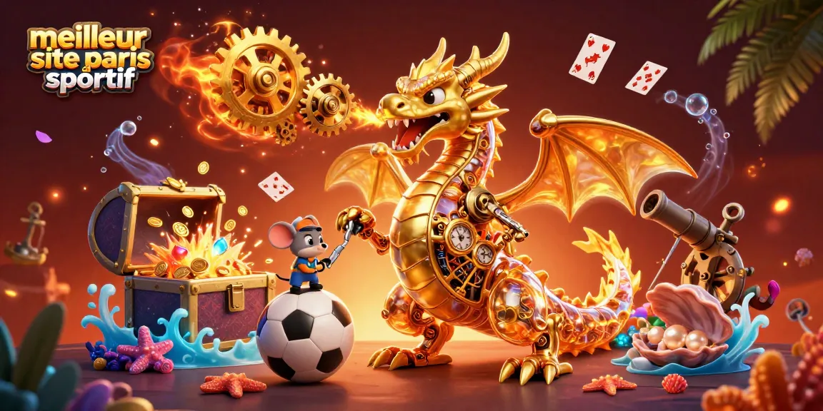 Plongez dans le meilleur site de paris sportif avec une illustration 3D captivante d'un dragon mécanique doré au milieu d'éléments de jeu.