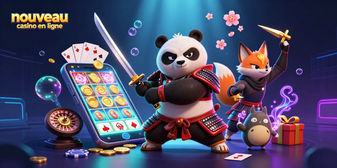 Le nouveau casino en ligne avec un panda samouraï en armure et un renard ninja, entourés de jeux de casino dynamiques.