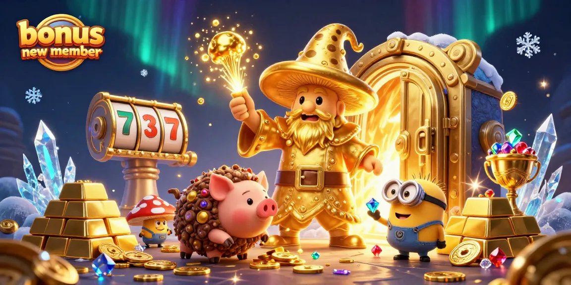 Engage with the bonus new member offering magical treasures in a rich casino scene filled with luxury.