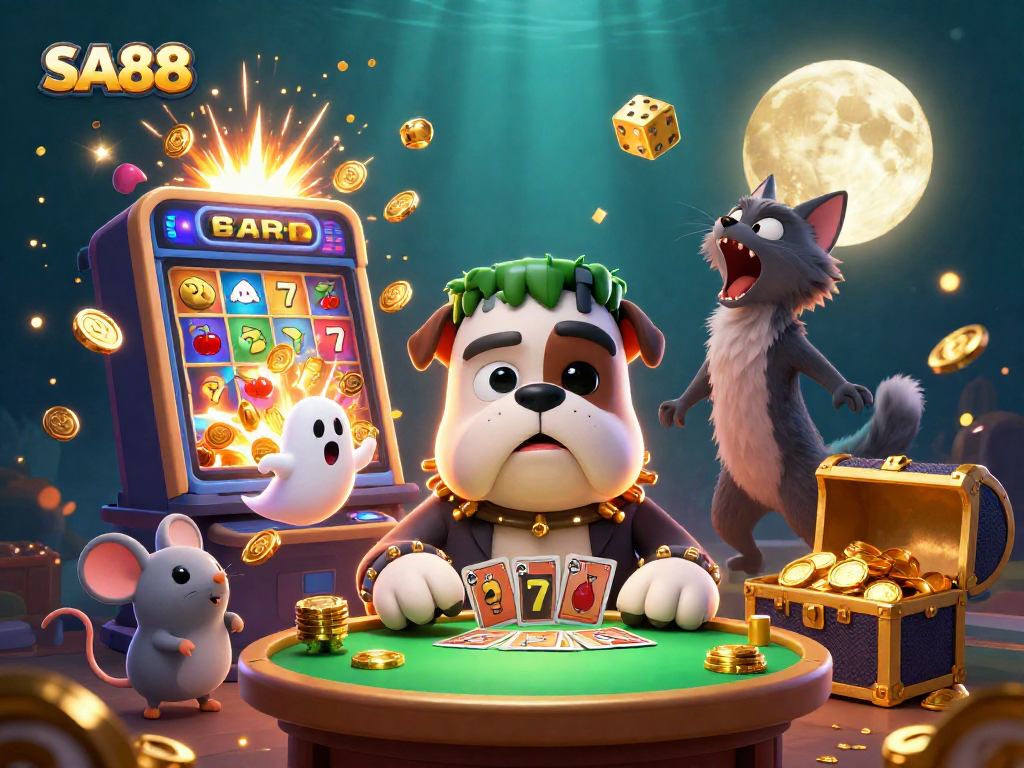 Join SA88's exhilarating card game with a spooky bulldog dealer, lively ghost mouse, and thrilling casino action.