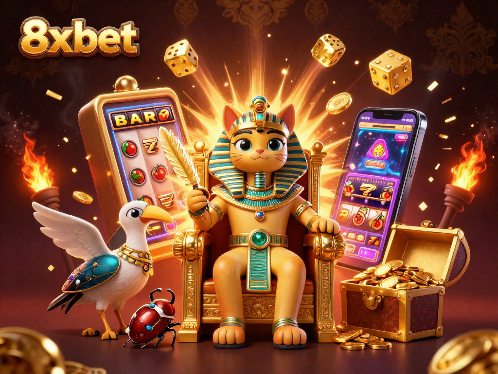 Experience 8x bet's thrilling casino adventure with a cartoon Egyptian pharaoh and jackpot treasures.