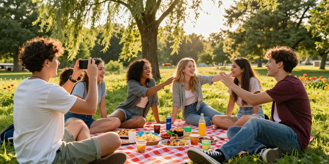 Friends enjoying an outdoor picnic, highlighting playful interactions as one has a crush on another.