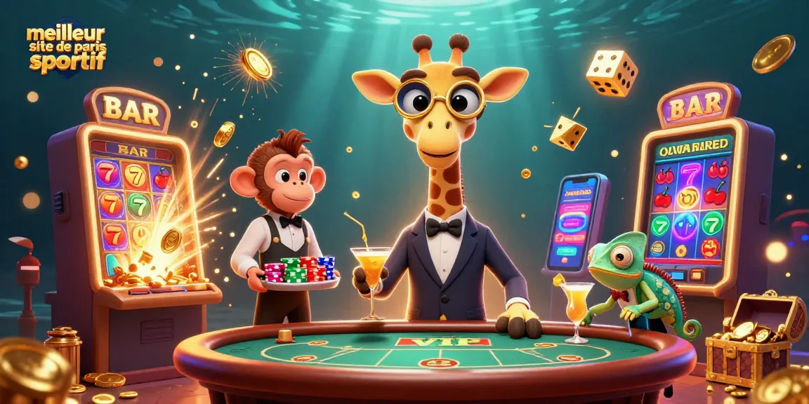 Visuel captivant du meilleur site de paris sportif avec des personnages de casino animés et des éléments éclatants.