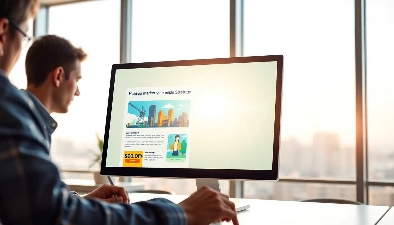 Creating a hubspot marketing email in a bright office with engaging graphics