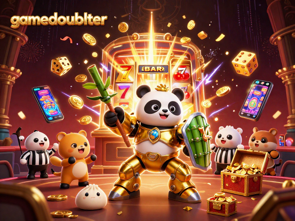 Win big at gamedoubler with a vibrant scene showcasing a golden panda, slot machines, and exciting casino games.