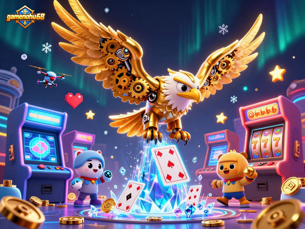 Engage with gamenohu68 through a thrilling 3D casino adventure featuring a cybernetic eagle diving through holographic cards and classic gaming elements.