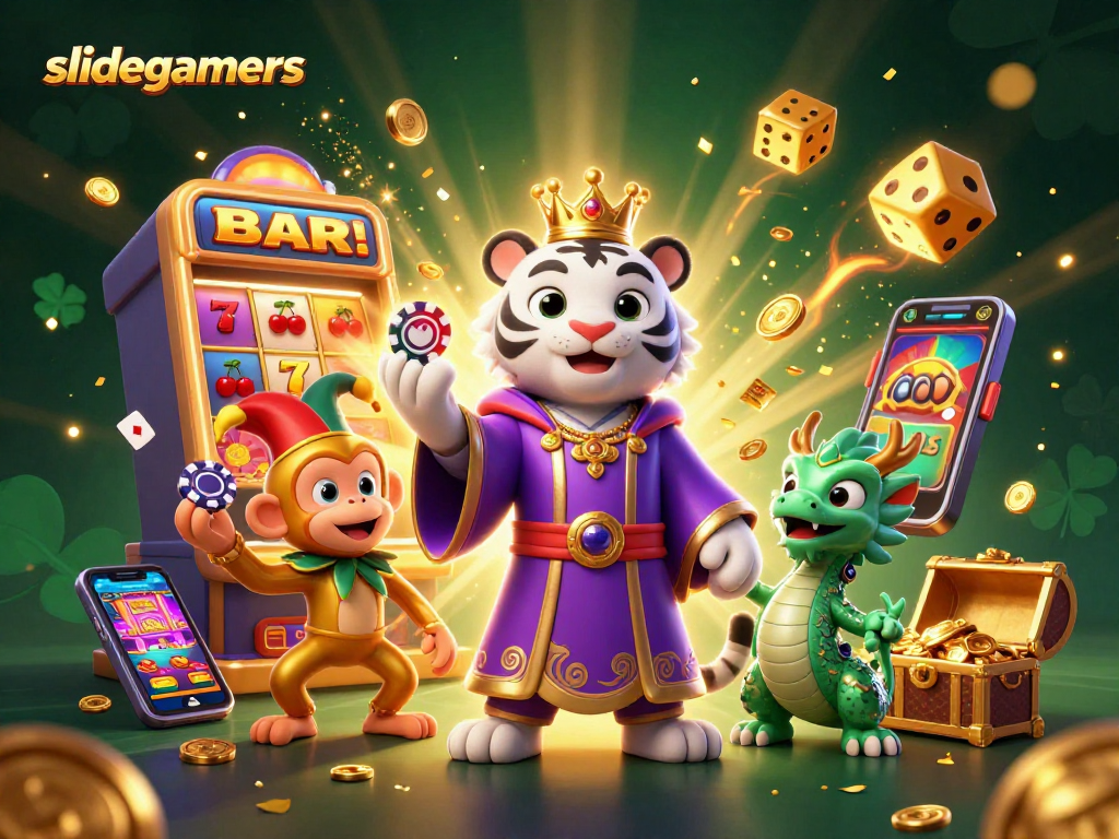Engage with slidegamers as the cartoon tiger, monkey, and jade dragon celebrate casino game wins.