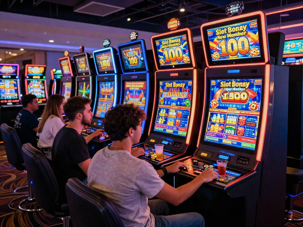 Exciting slot bonus new member 100 gaming scene in a vibrant casino atmosphere with players and bright machines