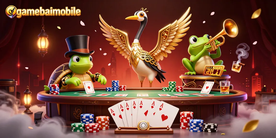 Play poker with friends at the vibrant gamebaimobile speakeasy, featuring unique characters and casino elements.
