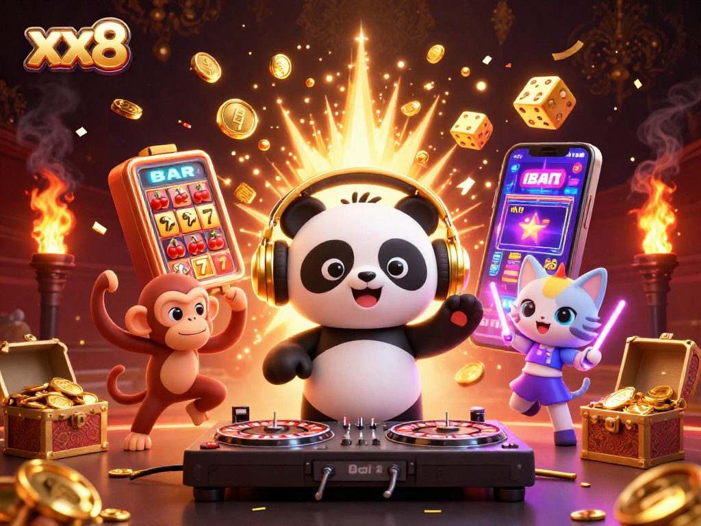 Experience the excitement of xx8 with a vibrant 3D illustration of playful casino characters and jackpots.