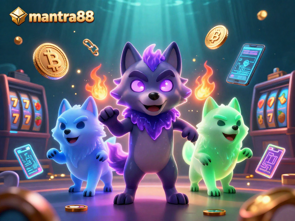 Bet on immersive wins with mantra88's vibrant casino scene filled with ghostly wolves and crypto elements.