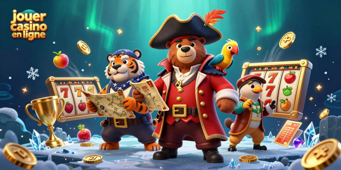 Jouez au casino en ligne avec des machines à sous, symboles de jackpot et personnages animés dans un décor captivant.
