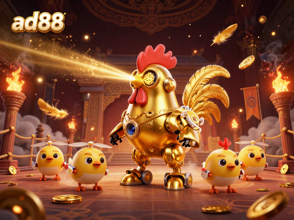 Engage with ad88's thrilling action as a golden rooster robot leads baby chick drones in a vibrant gaming arena.