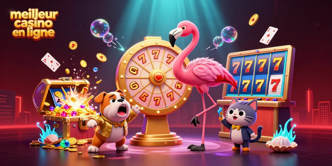 Animant le meilleur casino en ligne, des personnages festifs entourent des éléments de jeu dynamiques et scintillants.