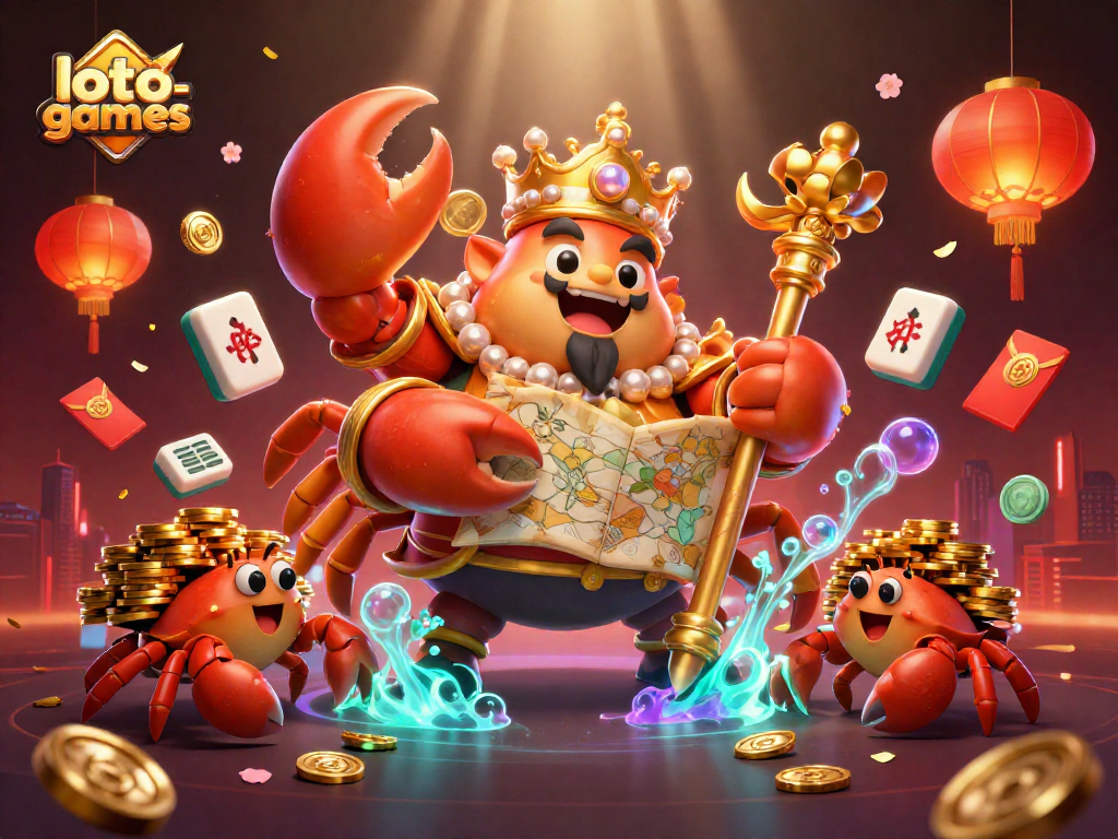 Engage in loto-games with the majestic golden crab emperor in a vibrant casino atmosphere.