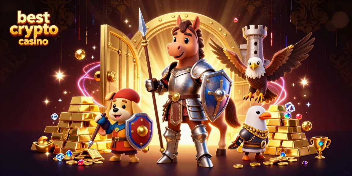 Vivez l'expérience du meilleur casino crypto avec des personnages médiévaux entourés de trésors scintillants.