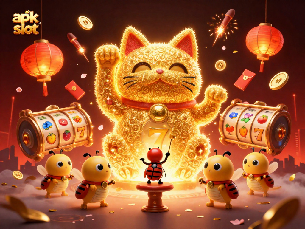 Menangkan jackpot dengan apk slot di situs dengan simbol slot keberuntungan dan koin jade.