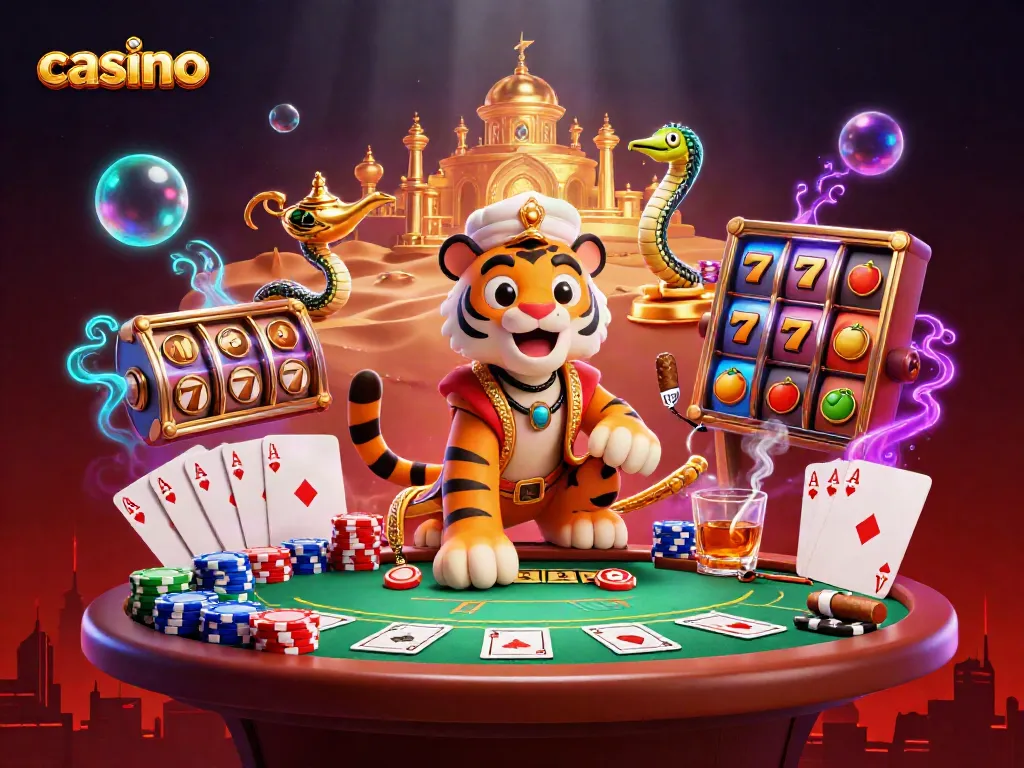 Explore an enchanting casino scene with a tiger sultan, poker elements, and vibrant slot symbols.