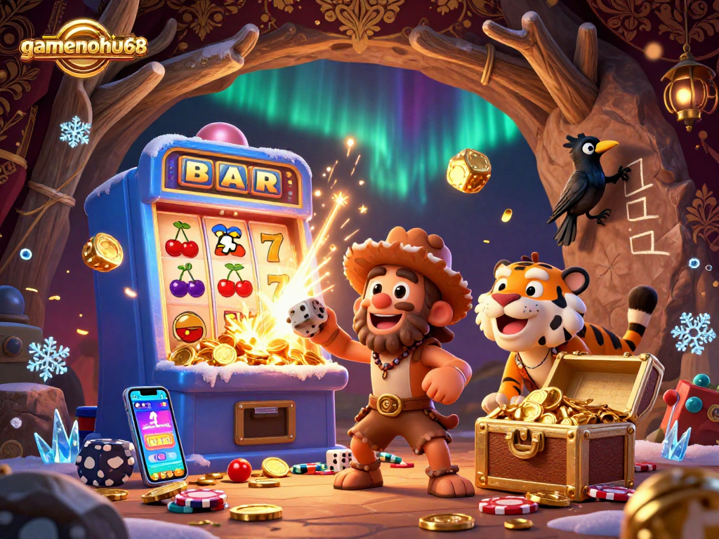Join the excitement at gamenohu68 with a lively prehistoric casino scene featuring animated characters and dynamic game elements.