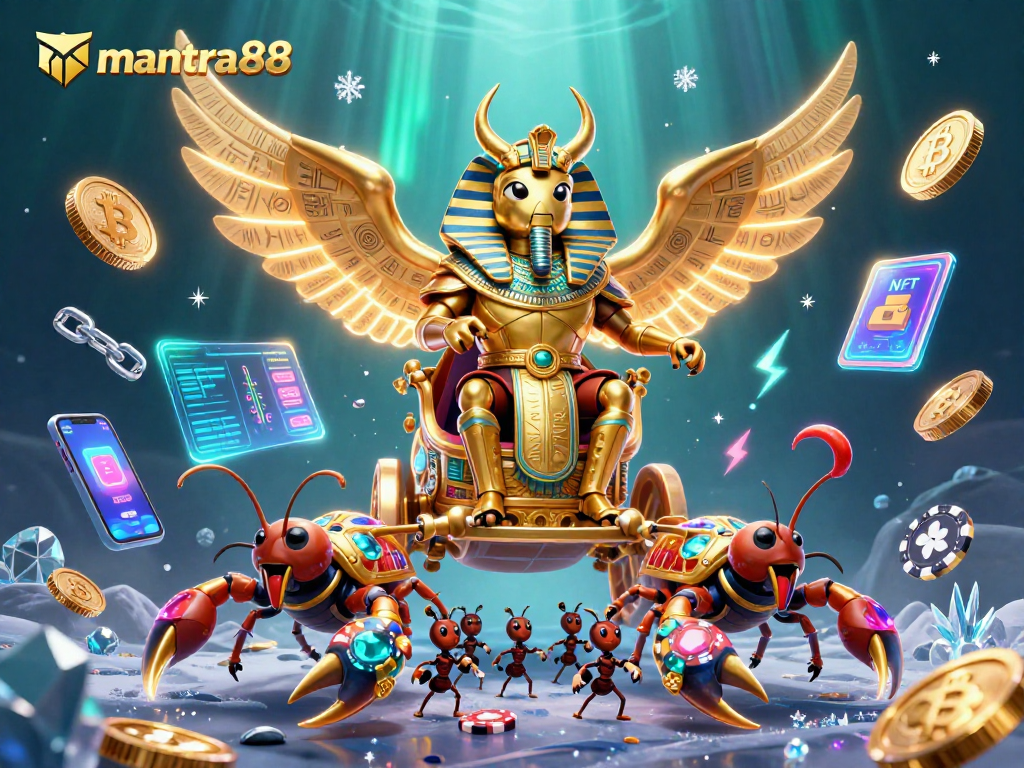 Experience the thrill of mantra88 with a dramatic gambling scene featuring a golden scarab beetle and scorpions.