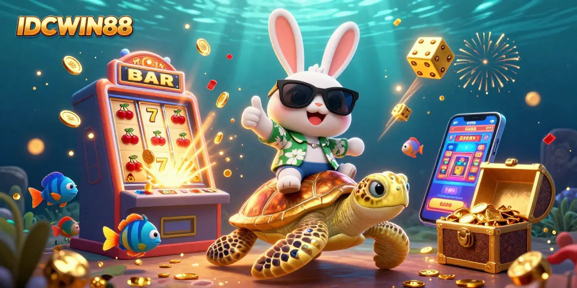 Experience thrilling gameplay with IDCWIN88 as the lucky rabbit and sea turtle celebrate amidst a jackpot explosion.
