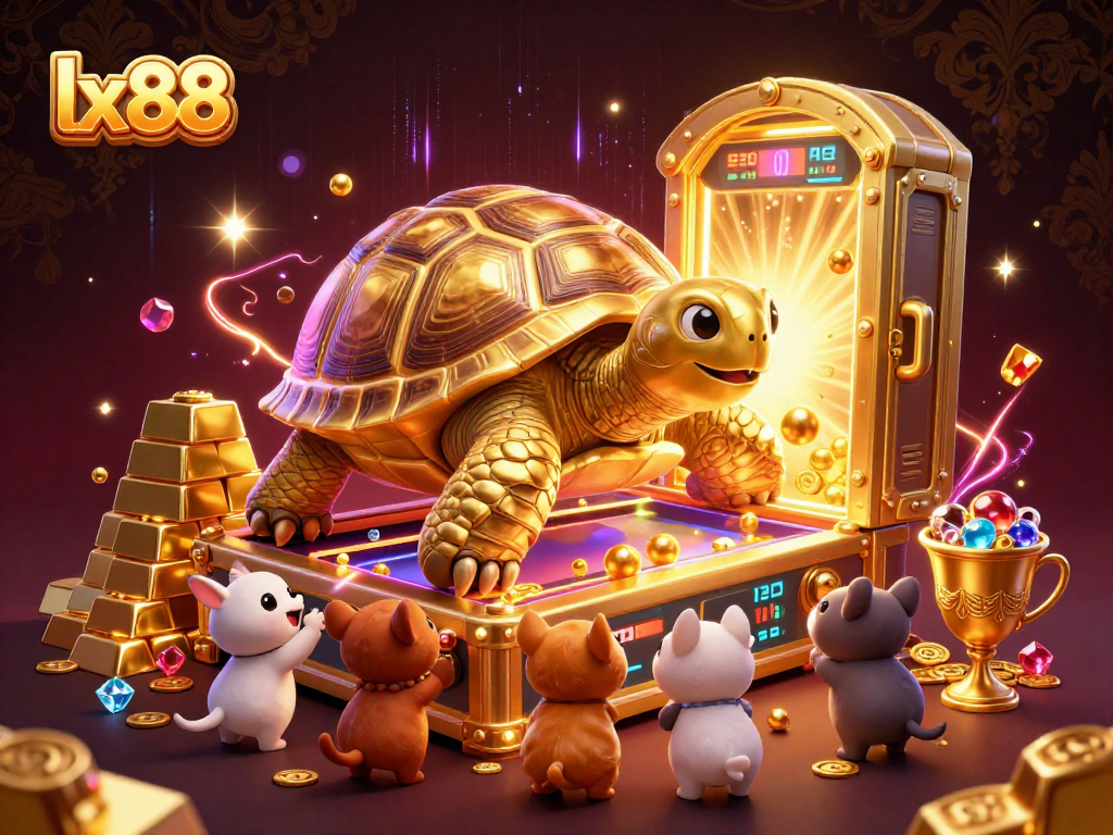 Engaging lx88 online casino illustration with a golden tortoise pinball machine and gem treasures.