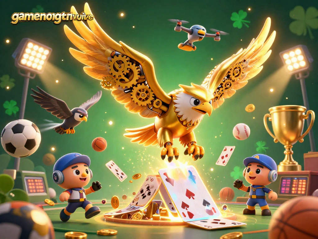 Experience the thrill of gamenongtraivuive with a vibrant scene of a golden eagle amidst flying sports elements and betting slips.