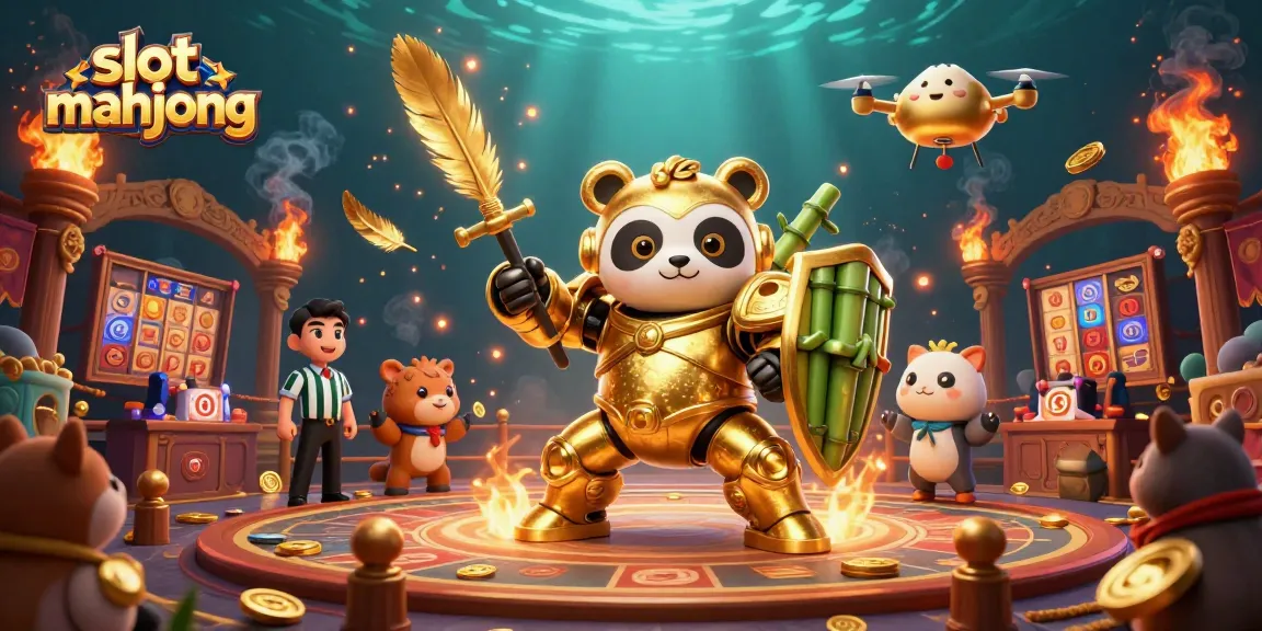 Experience thrilling slot mahjong action in a vibrant casino arena with a mech-suit golden panda!
