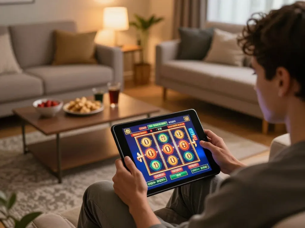 Engaging in a slot bet 100 while playing live slots on a tablet in a cozy home setting.