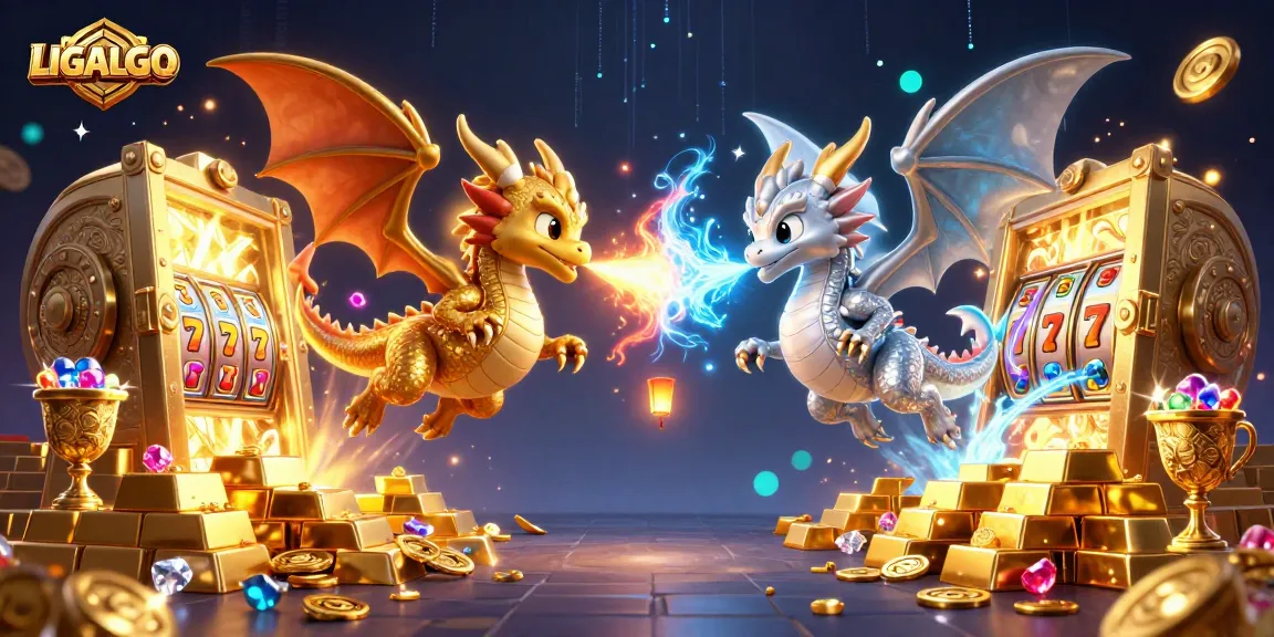 LIGALGO showcases a vibrant 3D casino scene with dynamic dragons and swirling slot elements.