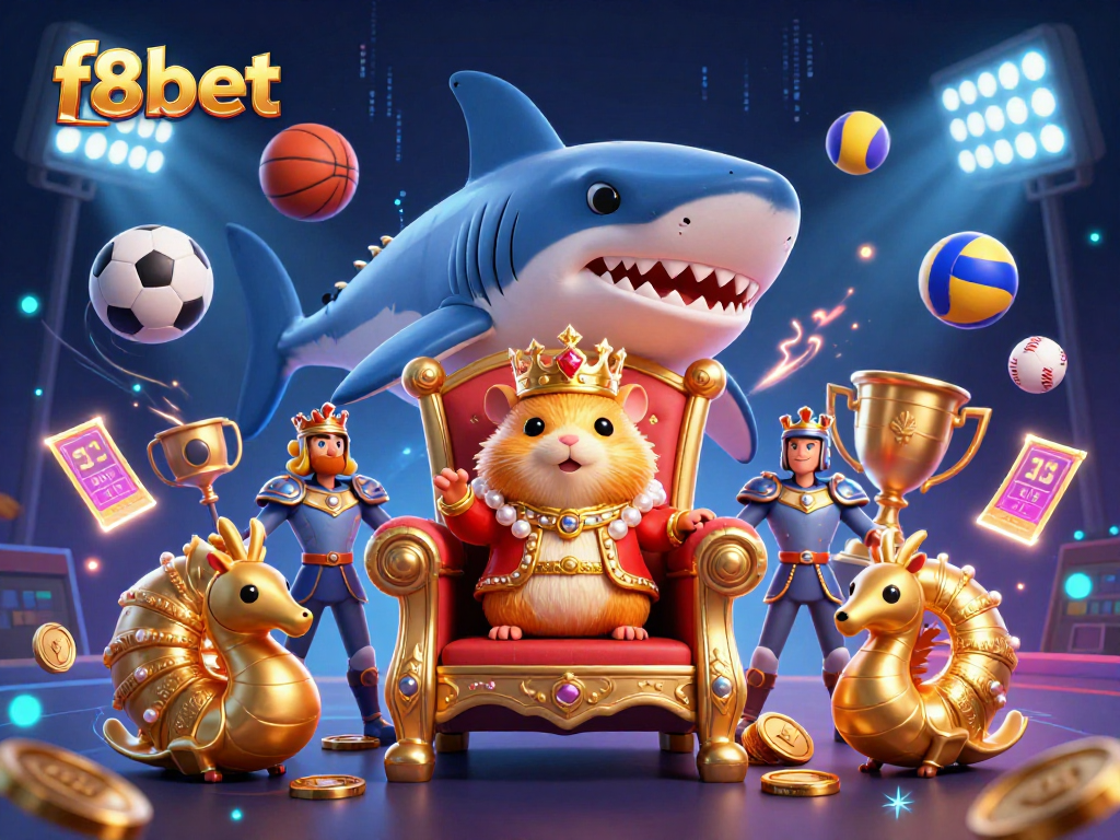 Experience thrilling sports action with the f8bet mascot, a golden hamster king in a playful casino scene.