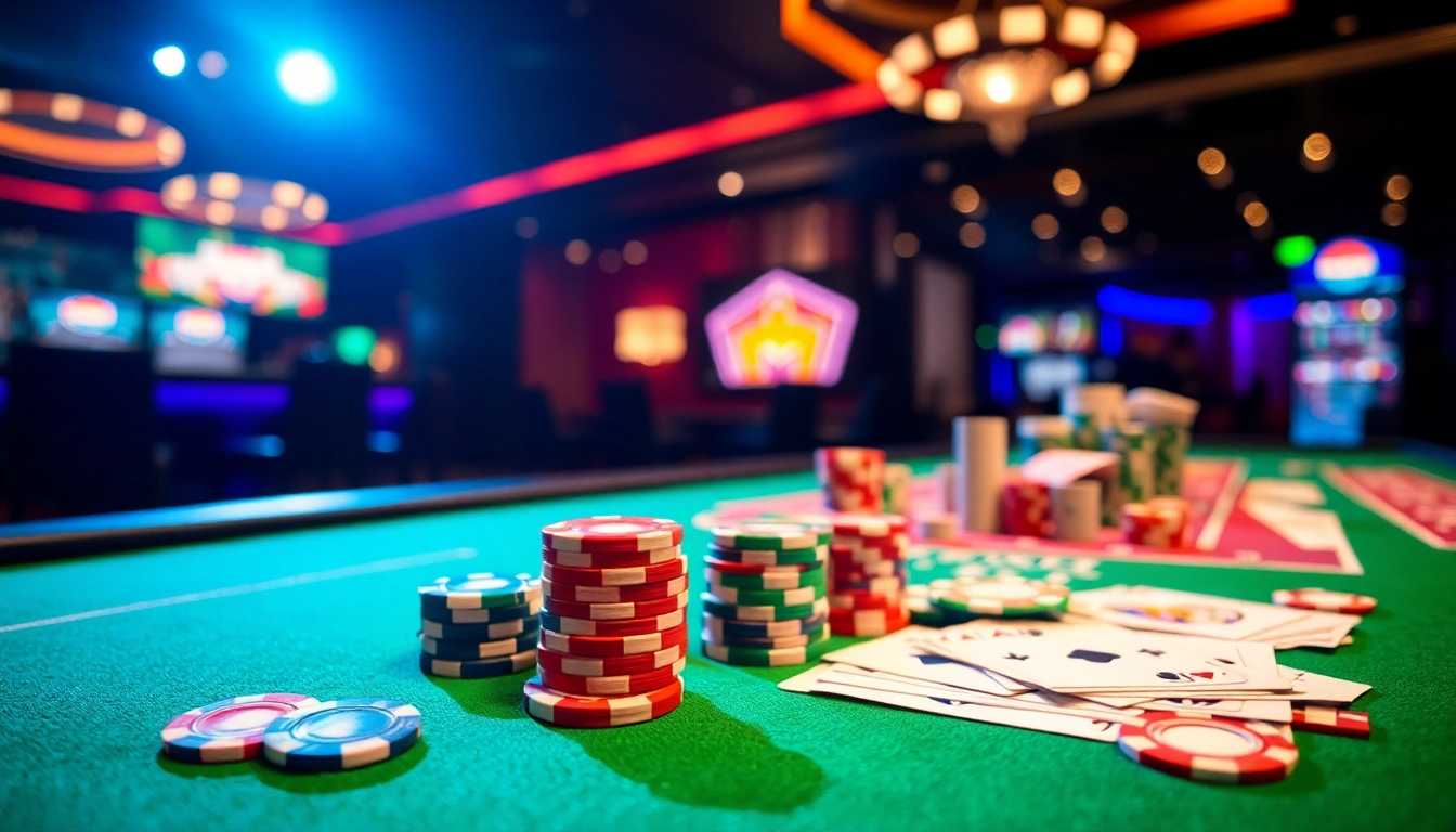 Casino-Spiele de auf einem lebhaften Tisch mit Farben von Spielkarten und Chips.
