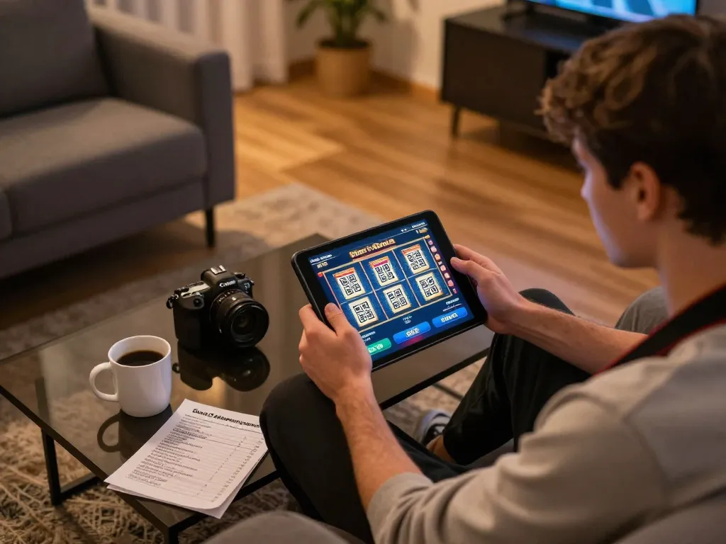 Engaging in online slot gameplay with a depo 10k strategy, featuring tablet interface and cozy gaming setup.
