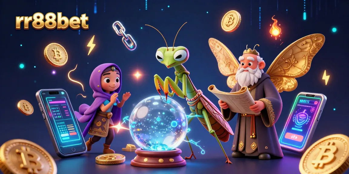 Engage with rr88bet's vibrant online casino world featuring a mystical scene with fortune tellers and cryptocurrency.