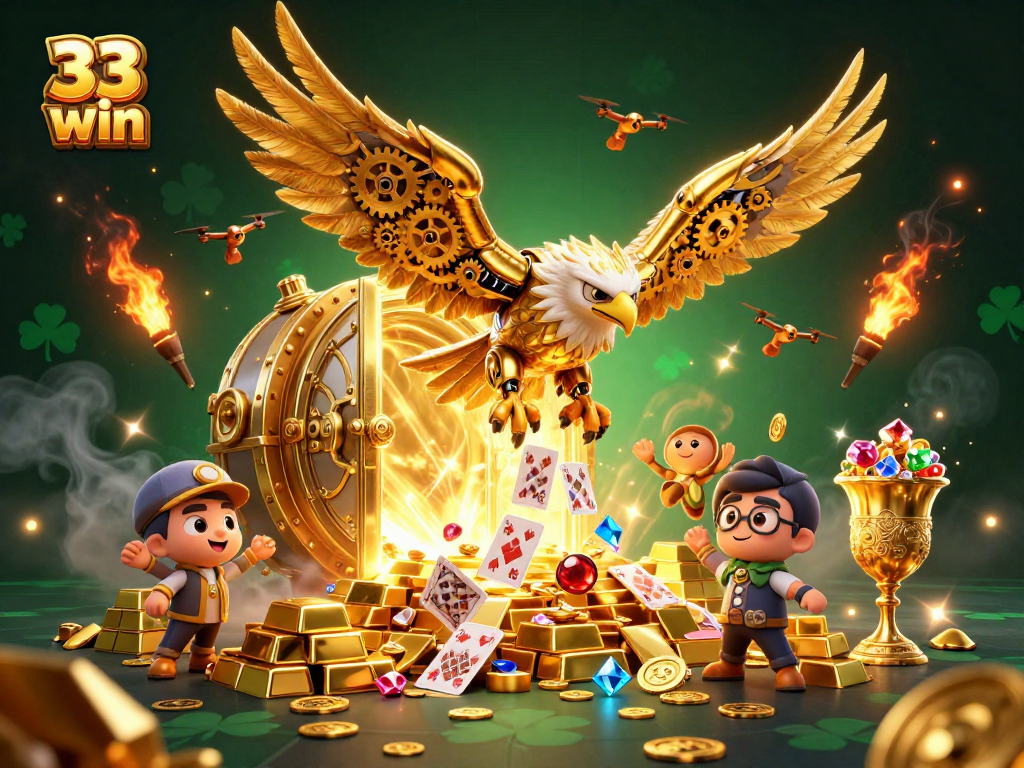 Engage with thrilling 33 win casino adventures, featuring a golden eagle amidst dazzling treasures.