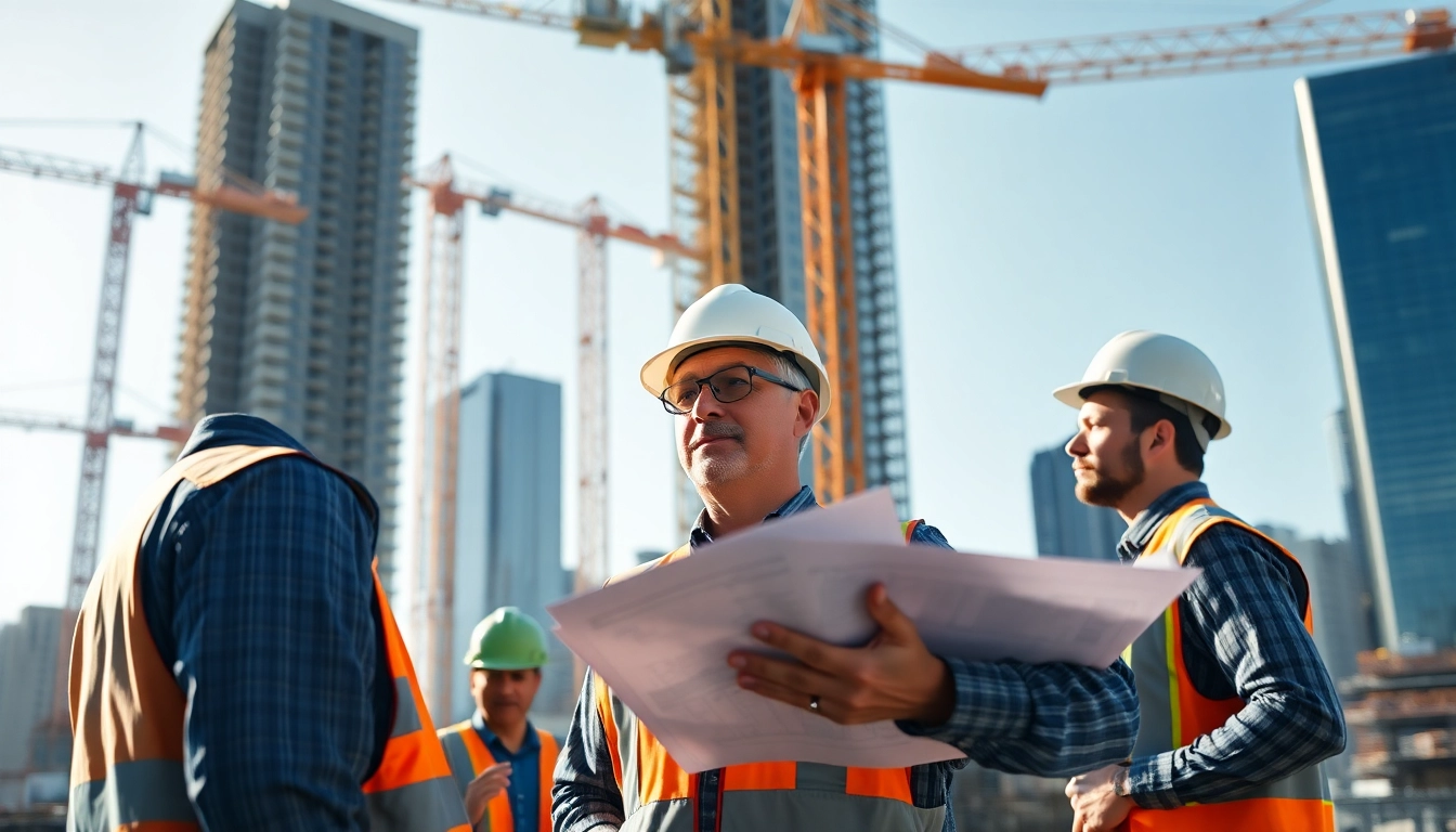 Manhattan Construction Manager instructing a team at a major urban construction site in NYC.