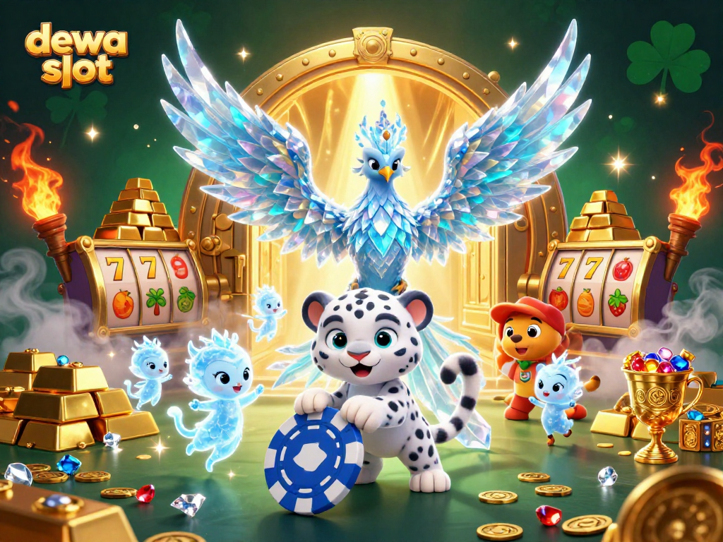 Memenangkan permainan dewa slot dengan simbol slot cerah dan karakter menawan dalam ilustrasi 3D.