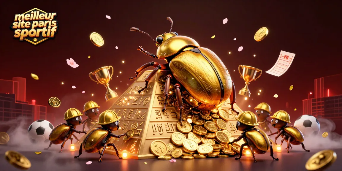 Meilleur site de paris sportif: Illustration d'un scarabée doré roulant des pièces, sports et effets de casino.
