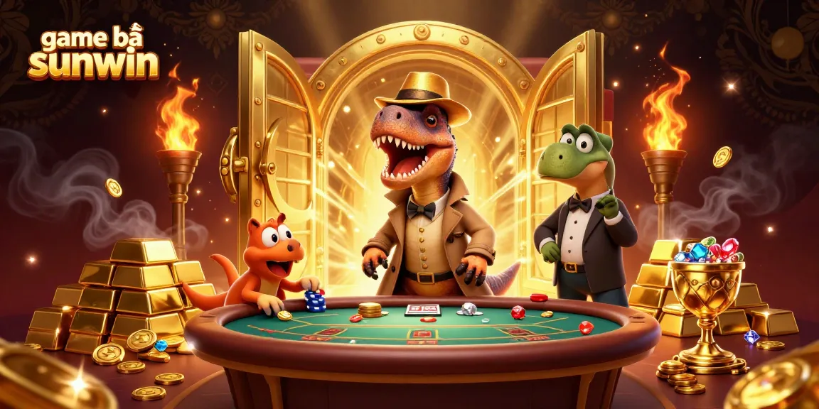A thrilling scene at game bài sunwin with a cartoon velociraptor card counter and colorful casino treasures.